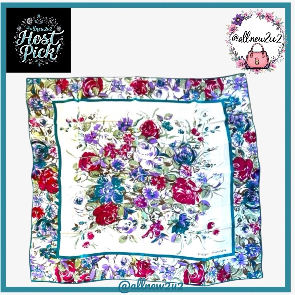 Pierre Balmain Silk Floral Blues Pinks Reds Greens on White Scarf